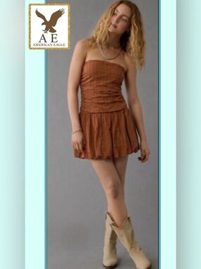 American Eagle Strapless Drop Waist Mini Bubble Dress Brown XS open back